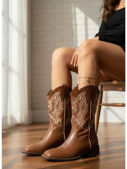 bota vaqueras mujer Botas vaqueras retro marrones para mujer, de media caña, con estampado, por encima de la rodilla, elegantes e informales, ideales para vacaciones, días festivos, citas, fiestas y eventos nocturnos; combinan bien con vaqueros y faldas.