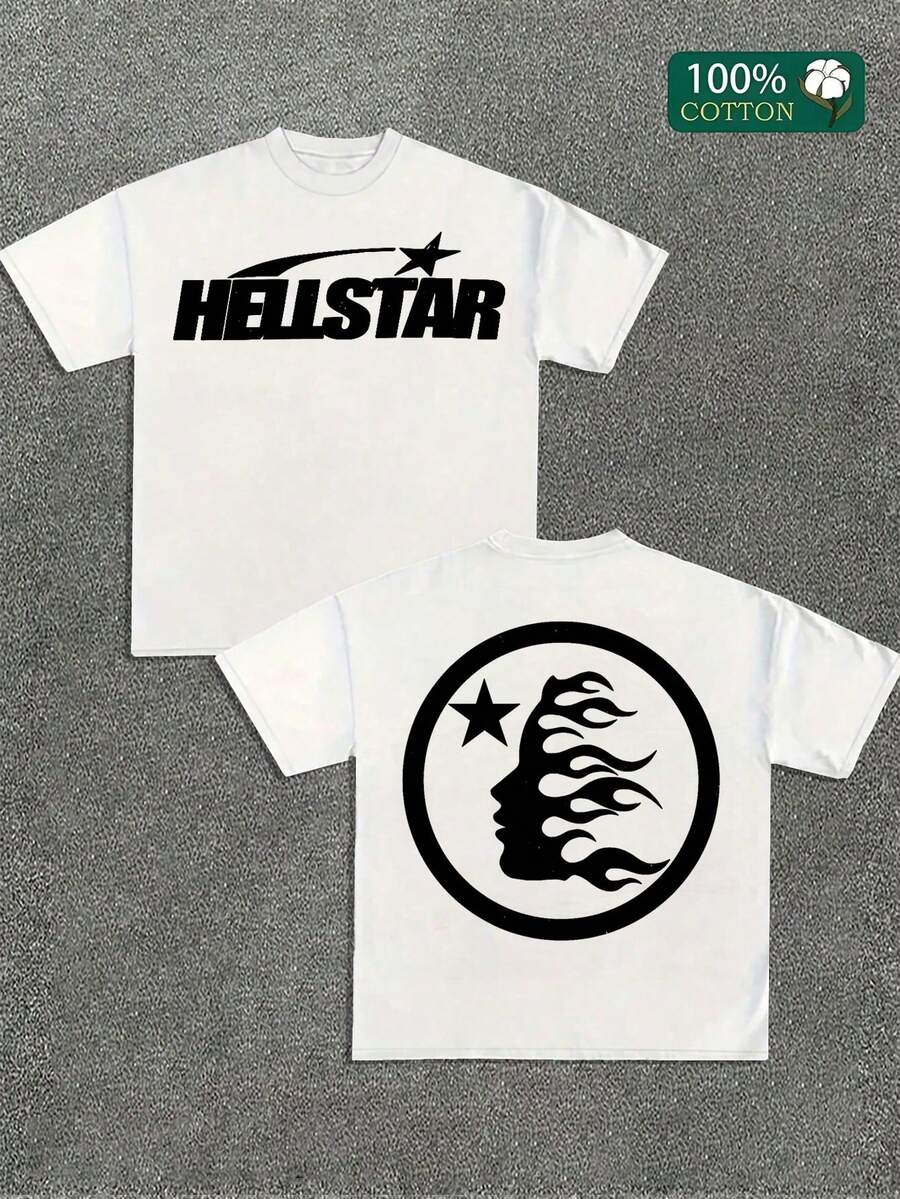 (220 Cotton T-Shirt Double-Sided Printing) White 1pc Flame & Star Graphic T-Shirt, Y2K, Streetwear, Digital Print T - Shirt Casual Comfort Cotton Tee For Spring & Summer Fall Men's Clothing, Gift, Unisex - trắng - Xem 1