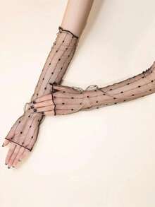 1 Pair Lace Gloves With Wavy Dots And Golden Line Decor, Suitable For Women, Fit For Daily Decoration, Party, Halloween And Wedding - Black - View 3