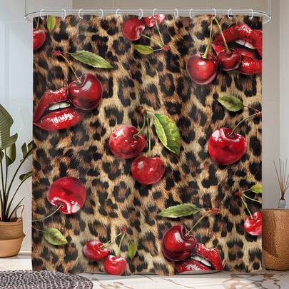 1pc Vintage Leopard Print Cherry Shower Curtain, Fashionable Leopard Print Cherry Print Shower Curtain, Suitable For Various Room Decoration Partitions, Universal Bathroom Decoration Shower Curtain, Bathtub Curtain
