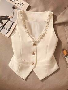 Regata Feminina com Decote em V e Sem Mangas, Novidade de Primavera/Verão, Peça para Sobreposição com Elegância Casual em Branco - Branco - Visão 3