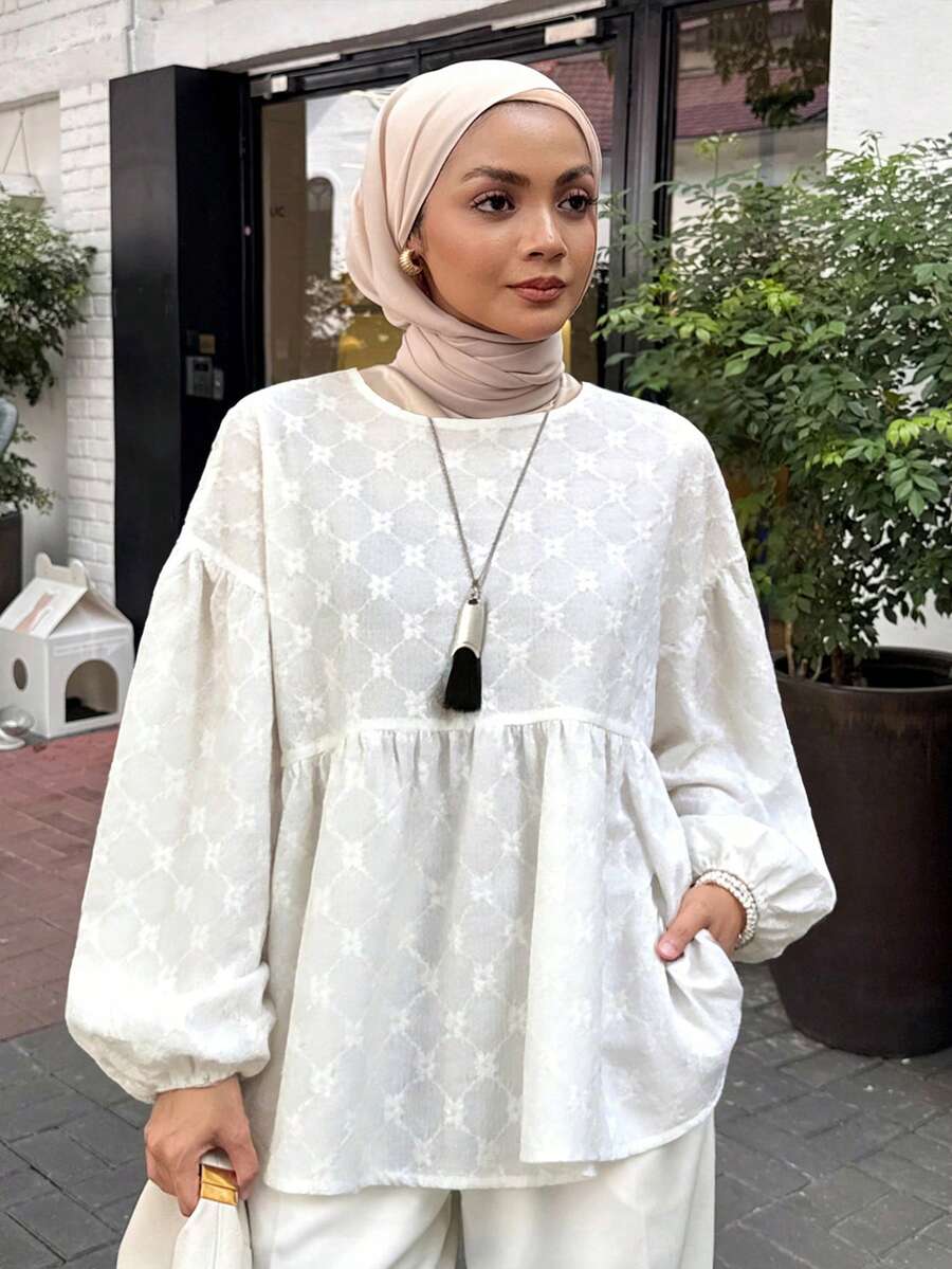 Livesso Women's Round Neck Embroidered Loose Casual Sweet 3D Embroidered Ruffle Hem Patchwork Loose Blouse Top, White Long Sleeve - White - View 1