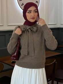 DAZY New Arrival Solid Color Casual Bowknot Knot Decor Women Sweater, Autumn,Fall Women Clothes - Brown - View 6
