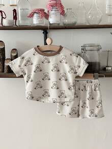 INS Cute Baby/Toddler Boys' Bear Print Waffle T-Shirt + Shorts Set, Summer - Apricot - View 3