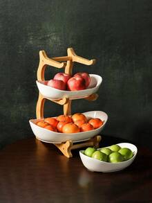 1pc 3-Tier White Fruit Tray With Wooden Stand, Kitchen Vegetable & Fruit Basket Bowl, Refrigerator Ice Tray Alternative - White - View 5