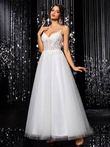 Vestido de novia con espalda descubierta, tirantes con lazo y dobladillo de paraguas de malla bordada con cuentas de unicolor - Blanco - Ver 1