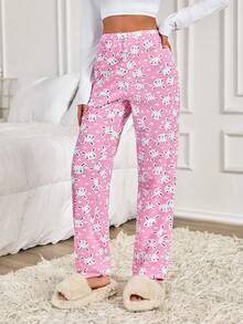 Women Cotton CUTE RABBIT ANIMAL PATTERN Long Bottoms Homewear Sleep Bottoms - Pink - View 3