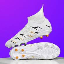 New Recommended Soccer Shoes For Teenagers, Long Studs Anti-Slip High-Top Soccer Cleats Suitable For Daily Grass Field Training And Matches, All Seasons - White - View 2