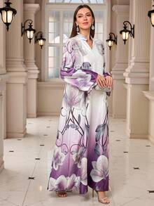 Middle Eastern Muslim New Style V-Neck Lotus Print Long Sleeve Robe Robe - White - View 4
