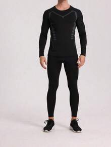 2pcs/Set Men's Fitness Suit, Elastic Quick-Dry Training, With Printed Pattern Long Sleeve Top And Long Pants, Suitable Fitness Training, Basketball, Running, Shaping, Outdoor Running, Riding, Mountaineering, Night Running, Casual Sports Wear Spring/Summer, Casual Outfit, 4 Season Wear, High Elasticity, Fast-Drying, Breathable - 黑色 - 查看 5