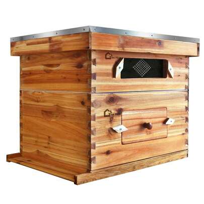 Kit completo de colmena de abeja de 10 marcos, 100% colmena de abeja recubierta de cera de abejas incluye 1 caja profunda y 1 caja mediana de abeja con ventana acrílica, marcos de colmena y base