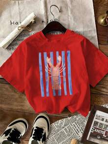 1 Pack Girls Casual Printed Crew Neck Short Sleeve T-Shirt Summer Student Youth Clothing - 紅色 - 查看 3