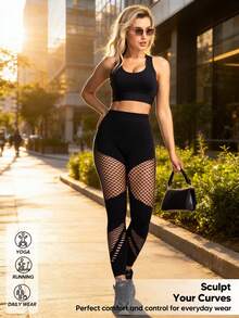 Women's Mesh Patchwork Shaping Leggings - Black - View 3