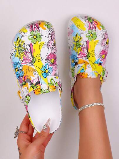pueenb Zuecos de mujer de moda para el verano, con elegante estampado floral, con suelas gruesas y cómodas - Ligeros, elegantes para todo tipo de clima, fáciles de poner, zapatos de jardín con plantillas suaves y correas ajustables, adecuados para uso diario, trabajo o actividades de ocio