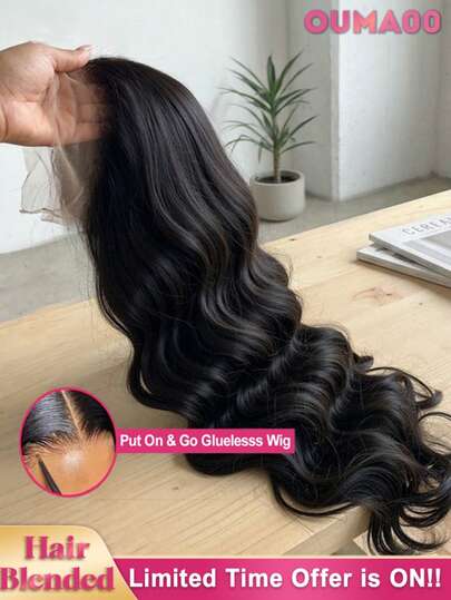 13x6 13X4 HD Lace Front Wig Human Blended Hair Body Wave 8-34 Inch - 200% Density Pre Plucked & Pre Cut Glueless Short Bob Wig For , Wear And Go Natural Color, No Glue & Ready To Wear