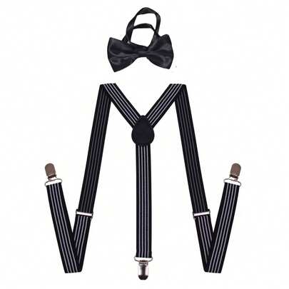 一套男士条纹背带，带领结，纯色夹式背带，休闲连体背带，情侣款