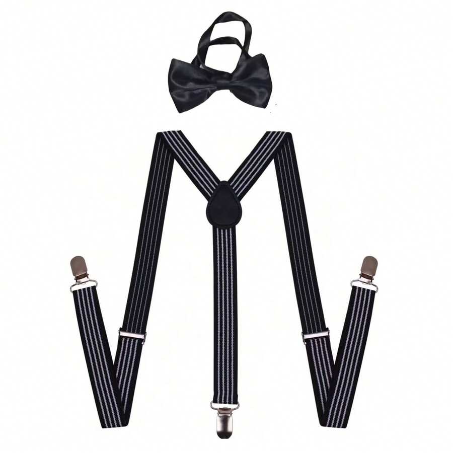 1 Set Men's Striped Suspenders, Bow Tie, Solid Clip-On Suspenders, Casual Overalls Suspenders, Couples Style - Multicolor - View 1