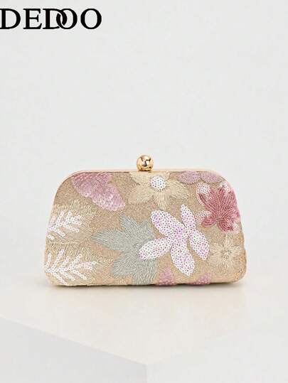 Dedoo 优雅闪亮多色叶子花卉拼接斜挎手拿包，复古链条晚宴包，迷你方形手提包，适合派对女孩、新娘、大学生、年轻职业人士，图案随机发货