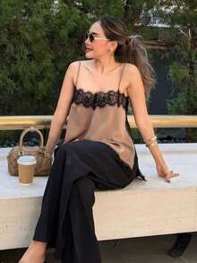 Áo camisole satin không tay, dây đeo điều chỉnh được, phối ren, viền ren tương phản, kiểu dáng thanh lịch cho nữ, dài vừa phải, thích hợp mặc mùa hè. - Màu nâu  Mocha - Xem 1