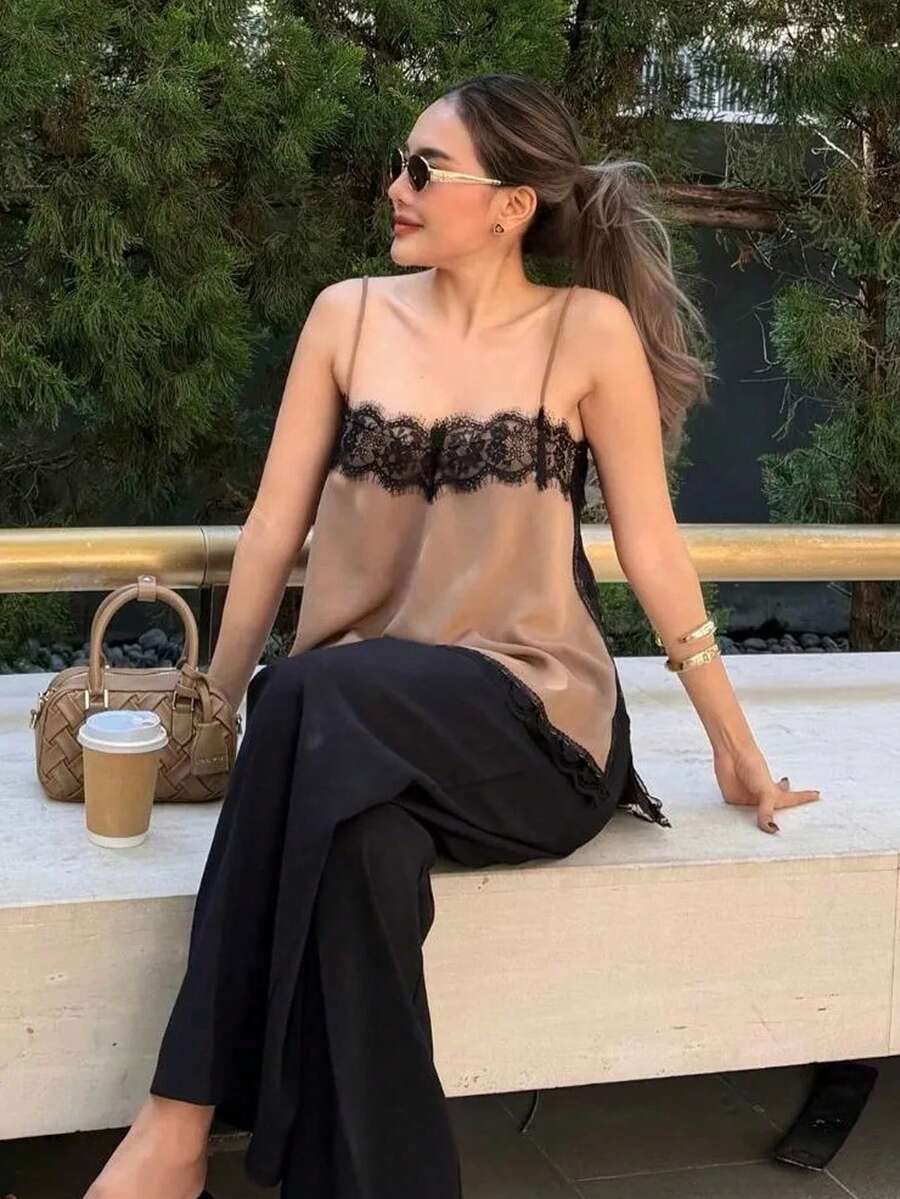Áo camisole satin không tay, dây đeo điều chỉnh được, phối ren, viền ren tương phản, kiểu dáng thanh lịch cho nữ, dài vừa phải, thích hợp mặc mùa hè. - Màu nâu  Mocha - Xem 1