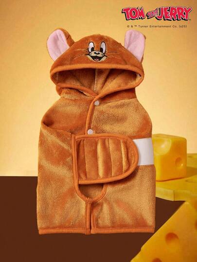 TOM & JERRY X PETSIN 1 pieza Bata de baño con capucha de peluche suave y absorbente con bordado de cara de ratón de orejas grandes para mascotas, gatos y perros, color marrón