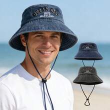 1顶成人水洗做旧渔夫帽，马里兰州海洋城刺绣，可调节防风绳，宽帽檐，防晒，适合海滩旅行和街头服饰。 - 1Pc - 查看 6