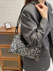 Fashionable Chic Versatile Sequin Underarm Tote Bag, New Luxury High-End Niche Design Large Capacity Shoulder Bag - Silver - View 4