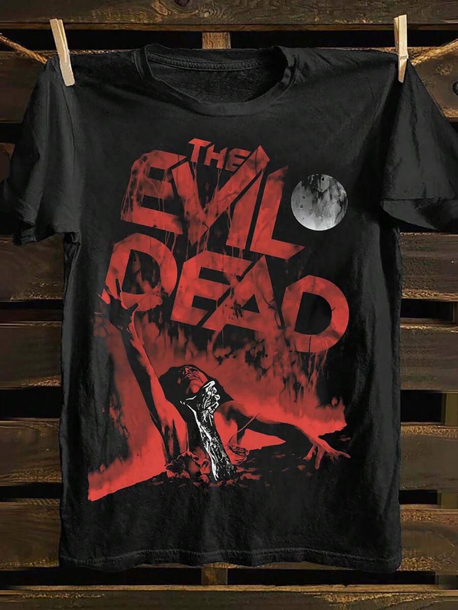Top PickLocalMen's Vintage Evil Dead Horror Movie T-Shirt - Officially Inspired 80s Retro Soft Stretch Cotton Tee With Iconic Blood Red Logo & Necronomicon Design - Heavy Metal & Classic Horror Fan - 黑色 - 查看 1