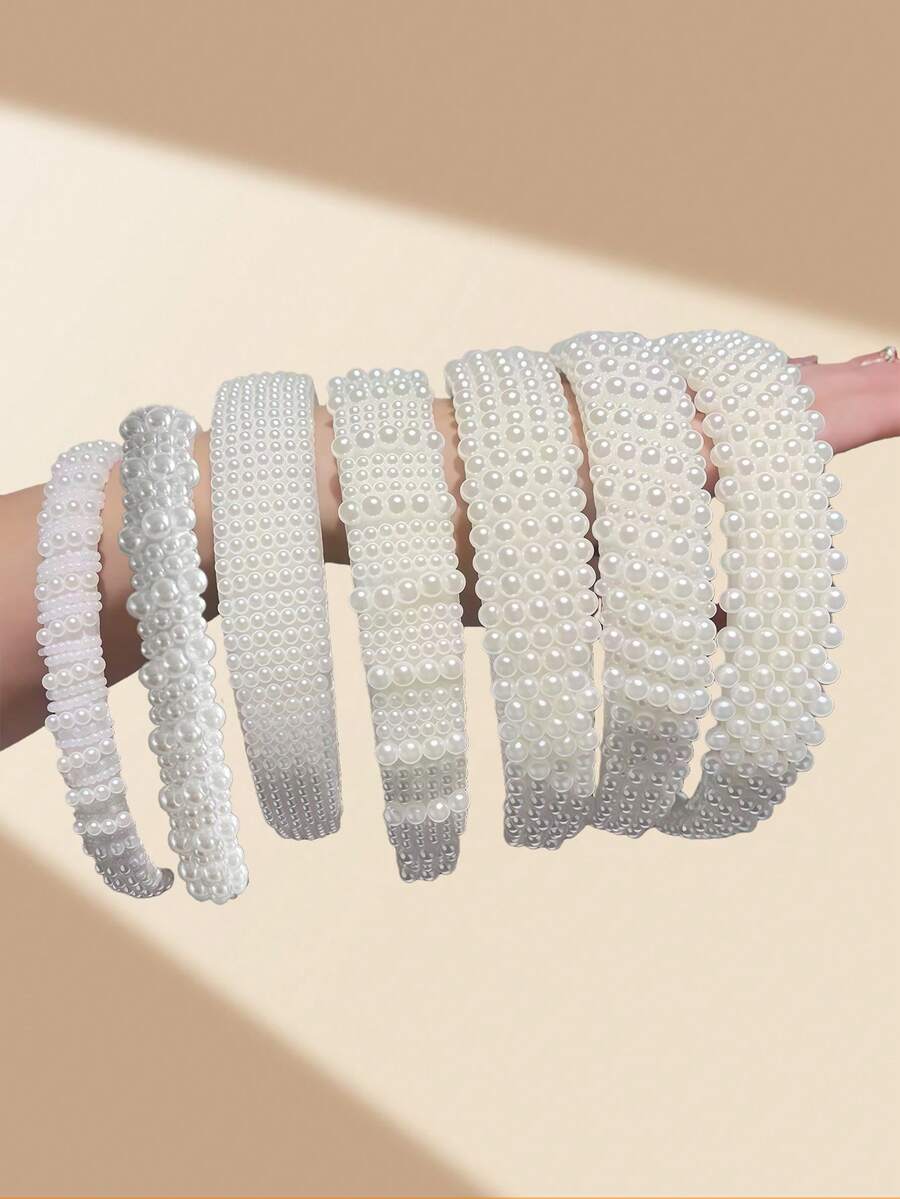 1pc Simple White Pearl Headband, Comfortable Non-Slip Headpiece, Suitable For Daily Wear, Elegant Faux Pearl Headband, Shiny Beaded Headband, Suitable For Wedding And Bridesmaid Looks Hairband Diadema Hair Hoop - White - View 1