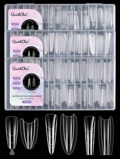 240pcs/Box New Sandwich Model NailTips For Quick Nail Extension, Layered Nail Extension Molds, Long Coffin/Oval/Stiletto With16 Sizes,Reusable Valentine's Day DIY Manicure Art Tool Kit Nail Supplies