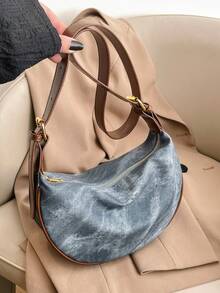 حقيبة جلدية للنساء على شكل كعكة, حقيبة كتف جلد اصطناعي بلون أحادي, قابلة للتعديل للتنقل اليومي - الأزرق - مشاهدة 7