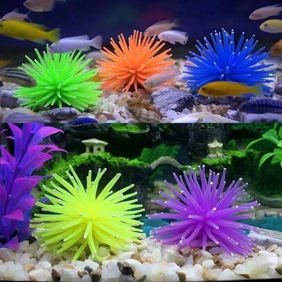 1个彩色软珊瑚和海胆球水族箱装饰品，水下景观摆件