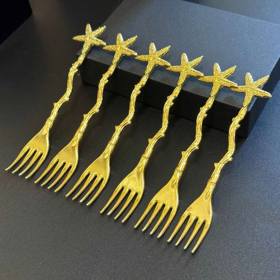 6 piezas Tenedores de ensalada, tenedores de fruta, tenedores de postre con diseño de estrella dorada/plateada - Ideal para fiestas en la playa, vajilla para reuniones en el jardín - Multicolor - Ver 1