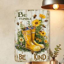 1 pieza Letrero de metal vintage y rústico, diseño de abeja y flores con botas de jardín y cita inspiradora "Humilde, amable", 8x12 pulgadas, decoración de pared, apto para hogar, cafetería, bar, garaje - Texto en inglés, multiusos - A - Ver 4