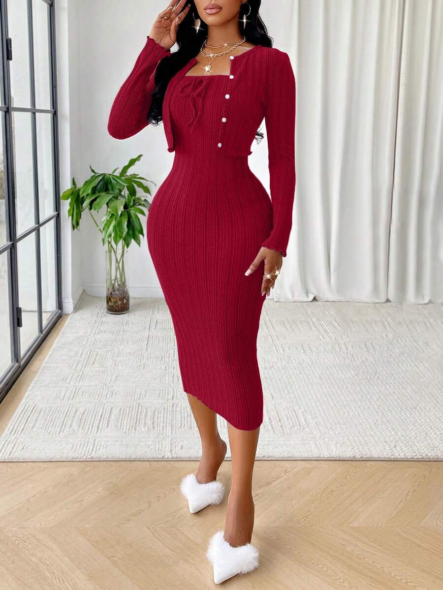 AIJ Amarilo Ribbed Knit Two Pieces Set, Women's Spring Summer Bow Front Bodycon Midi Dress & Long Sleeve Button Front Crop Cardigan Outfit, Casual Daily Date Wear - Jujube Red - View 1