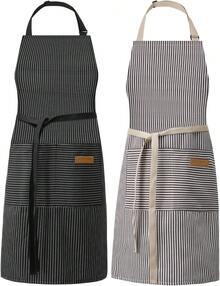Adjustable Cooking Apron With Pockets - Unisex Chef Bib Apron For Kitchen - Narow Black Narow Brown - 查看 8