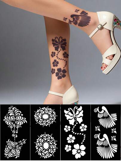Plantilla de tatuaje floral hueco hecho a mano Hana - Plantilla de arte de uñas con patrón floral sexy, adecuada para manos, pintura DIY, tinta, pegatina de plantilla de diseño de mandala reutilizable, adecuada para maquillaje de fiesta corporal de mujeres