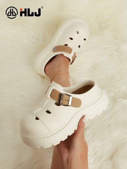 luofu 新款女士夏季户外时尚休闲坡跟镂空透气搭扣装饰打孔一脚蹬鞋，高端厚底撞色厚底凉鞋