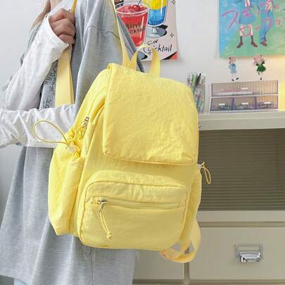 Lightweight Solid Color Backpack, Large Capacity Casual Minimalist Unisex Student School Bag, Travel Daypack