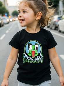 Tween Boys Graphic Cotton Round Neck T-Shirt, Black Tee With Cartoon Frog Character, Regular Length, Unspeakable Art Print Tops, Soft Breathable Clothes Boy's, Casual Fun. - FMY260127-FSB5 - 查看 2