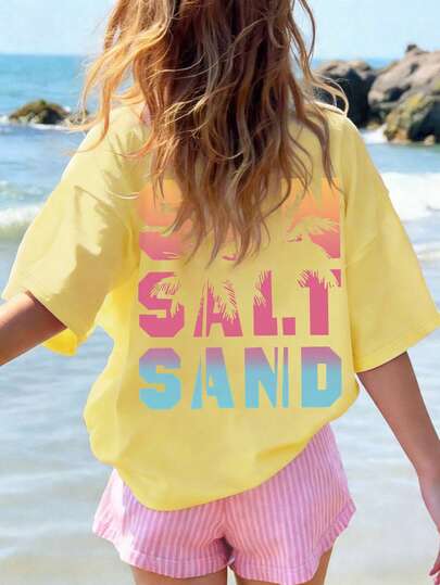 Teen Girls' Summer Aesthetic Oversized Tee, "SUN SALT SAND" Print, Gradient Color & Palm Tree Accent, Loose T-Shirt, For Friend Shopping, Weekend Hangout, Street Style, Casual Daily Wear