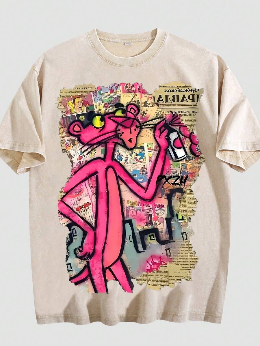 Washed T-Shirt Men | Bold Pop Art Icon (Sunglasses + Spray Can) | Retro Comic Newspaper Print | Pxr24 Logo Edgy Streetwear Tee - Màu be - Xem 1