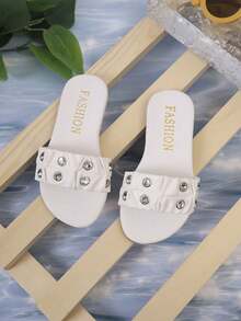 1 Pair Girls' Fashion Sandals, White PU Upper With Rhinestone Design, Soft Sole, Comfortable For Everyday Wear, Suitable For Indoor And Outdoor, Summer - White - View 5