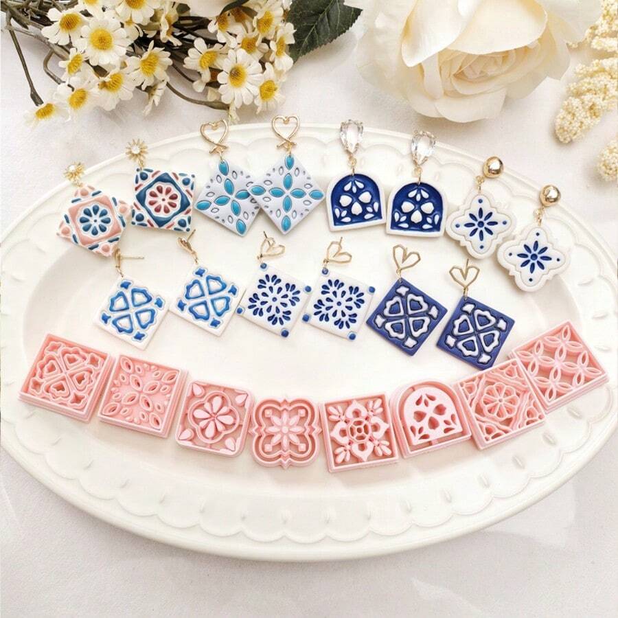 Bohemian Style Ceramic Tile Shaped Polymer Clay Cutting Tool Set, DIY Tools For Handmade Moroccan Style Earrings And Jewelry Pendants - Th20 - View 1