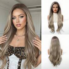 Long Curly 13*4 Lace Wig Ash Brown Ombre Fluffy Curly Heat Resistant Synthetic Lace Front Wig Perfect For Date Daily Wear & Special Occasions - Multicolor - View 11