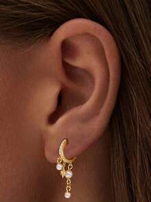 1件S925纯银个性化向日葵珍珠星星流苏耳钉，优雅日常佩戴饰品，节日礼物 - 金色 - 查看 15