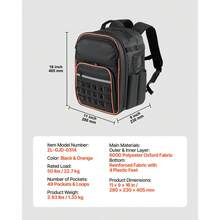 Mochila para Herramientas, Mochila de Trabajo 280 x 230 x 405 mm con 49 Bolsillos, Compartimento para Portátil y Base de Tela Reforzada, Organizador de Herramientas para Electricistas - 280 x 230 x 405 mm - Ver 7