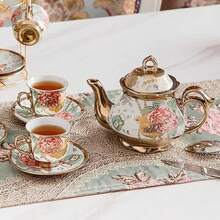 CHANJOON Tea Sets Gold Plated Red Rose Ceramic Tea Set, Vintage Teapot Tea Sets Beautiful Tea Set Coffee Serving 6 People (Golden, Medium) - Keemasan - View 7