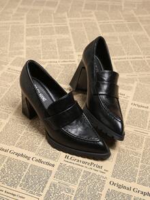 2026 Spring New Women's Shoes, Pointed Toe Fashion Elegant Retro Leather Pumps, High Chunky Heel Casual Commute Slimming Chic Black & Burgundy - Black - View 4