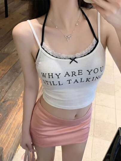 2026 夏季甜美蕾丝边吊带背心，优雅纯色性感甜美休闲街头 Y2K 风格无袖圆领字母印花蝴蝶结修身短款背心，适合情人节、妇女节、母亲节、休闲、海滩、派对、返校季、婚礼季、音乐节等场合。